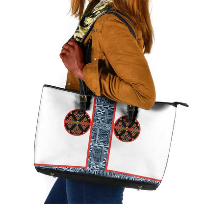 Cameroon Traditional Toghu Pattern Leather Tote Bag African Tribal Ndop Geometric Design