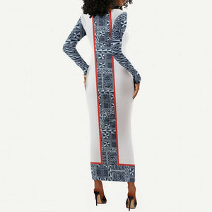 Cameroon Traditional Toghu Pattern Long Sleeve Bodycon Dress African Tribal Ndop Geometric Design