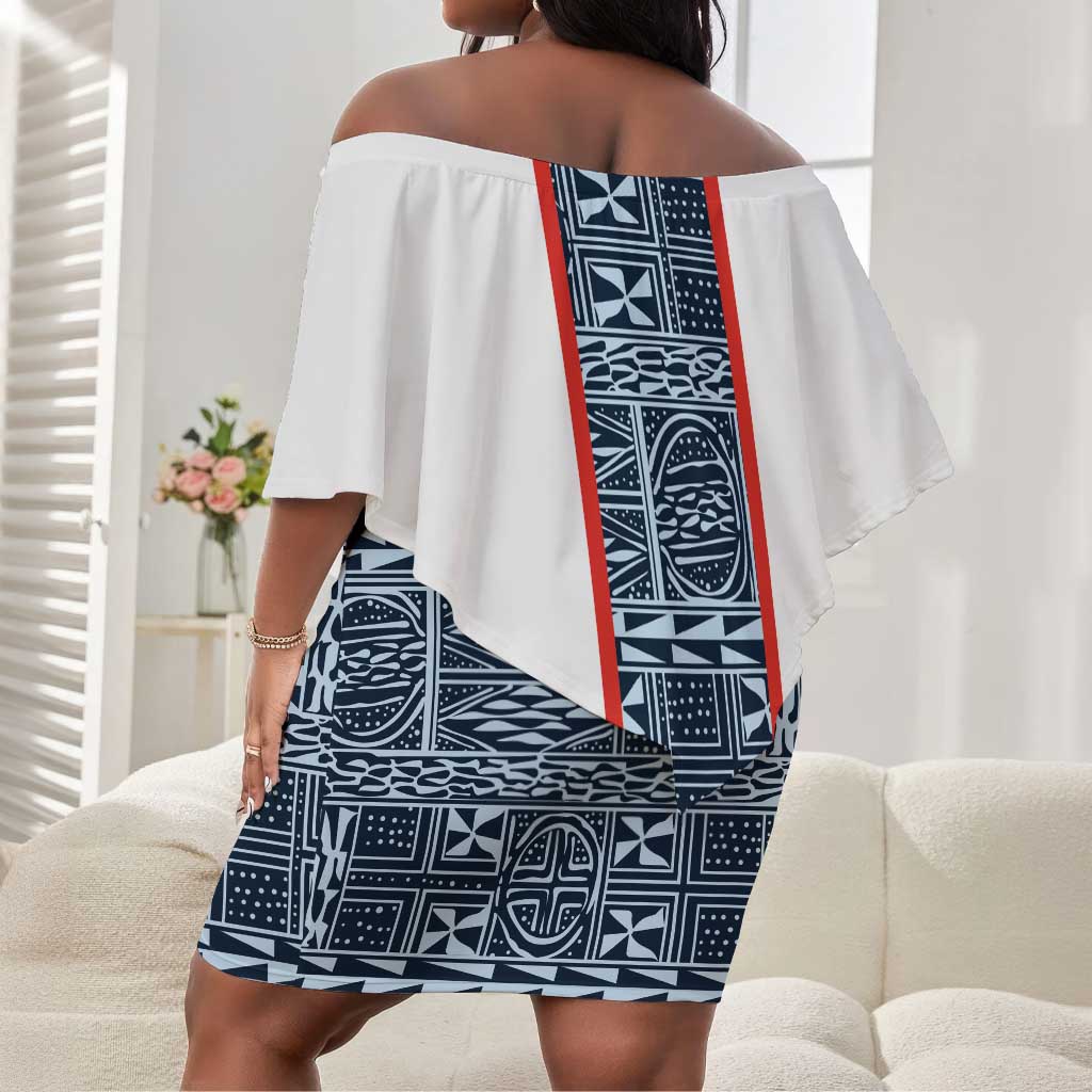 Cameroon Traditional Toghu Pattern Off Shoulder Short Dress African Tribal Ndop Geometric Design