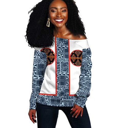 Cameroon Traditional Toghu Pattern Off Shoulder Sweater African Tribal Ndop Geometric Design