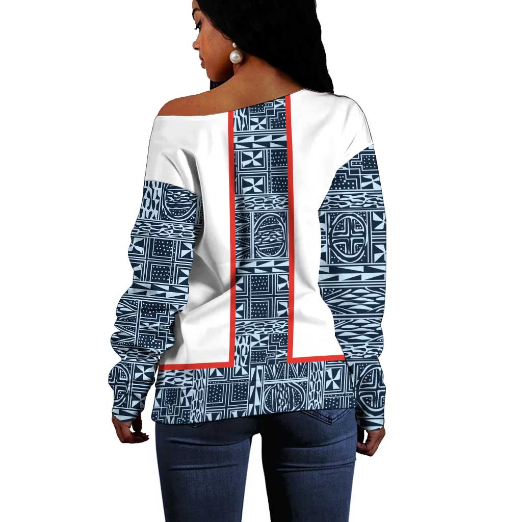 Cameroon Traditional Toghu Pattern Off Shoulder Sweater African Tribal Ndop Geometric Design