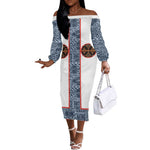 Cameroon Traditional Toghu Pattern Off The Shoulder Long Sleeve Dress African Tribal Ndop Geometric Design