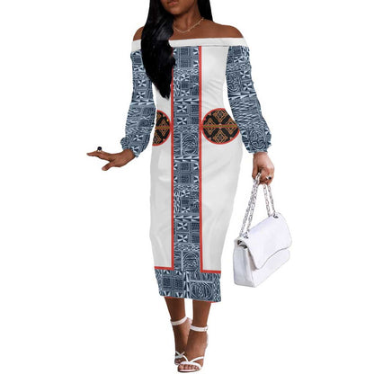Cameroon Traditional Toghu Pattern Off The Shoulder Long Sleeve Dress African Tribal Ndop Geometric Design