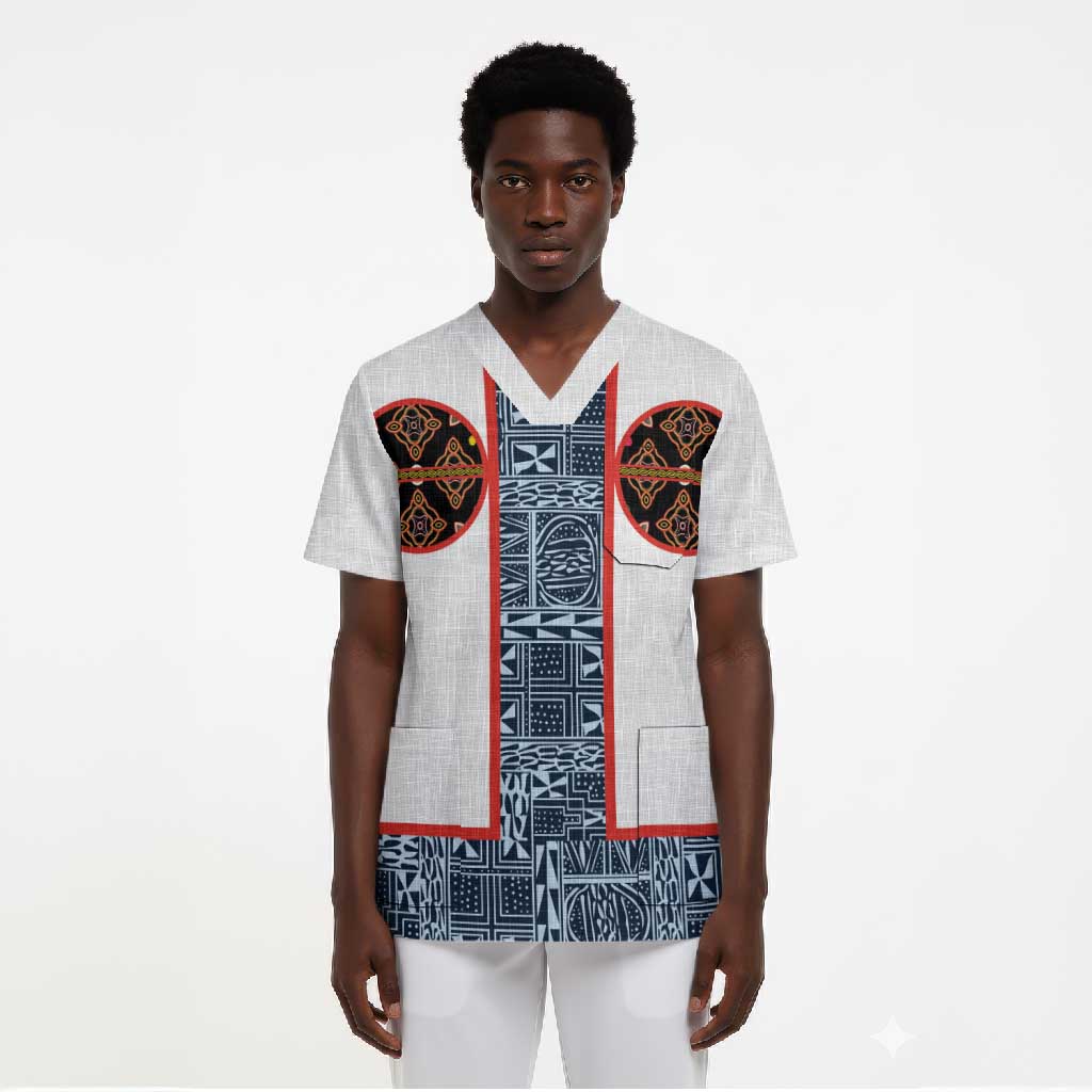 Cameroon Traditional Toghu Pattern Scrub Top African Tribal Ndop Geometric Design