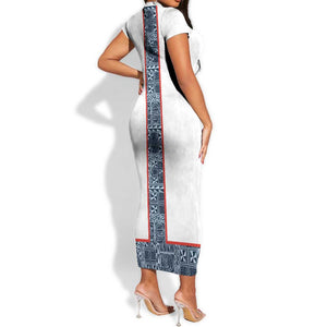 Cameroon Traditional Toghu Pattern Short Sleeve Bodycon Dress African Tribal Ndop Geometric Design