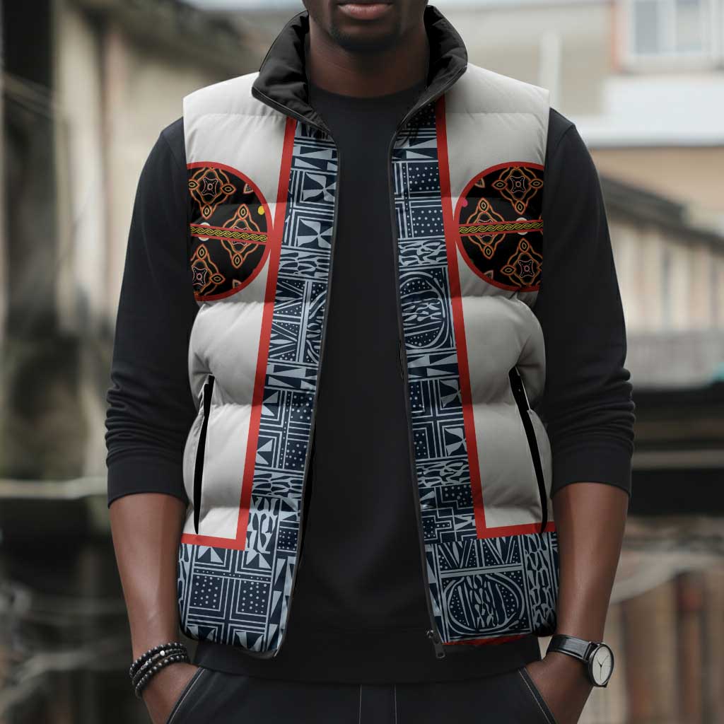 Cameroon Traditional Toghu Pattern Sleeveless Puffer Jacket African Tribal Ndop Geometric Design