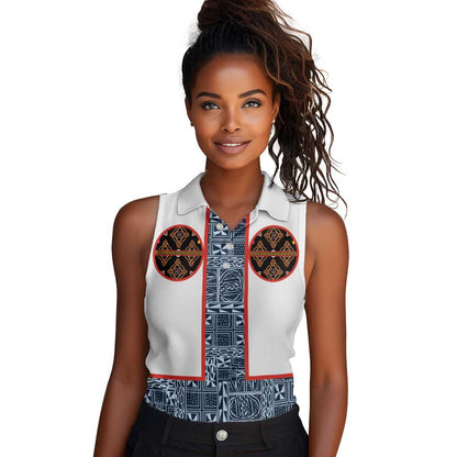 Cameroon Traditional Toghu Pattern Women Sleeveless Polo Shirt African Tribal Ndop Geometric Design