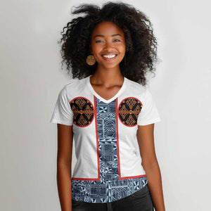 Cameroon Traditional Toghu Pattern Women V-Neck T-Shirt African Tribal Ndop Geometric Design