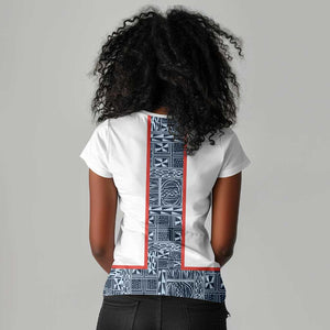 Cameroon Traditional Toghu Pattern Women V-Neck T-Shirt African Tribal Ndop Geometric Design