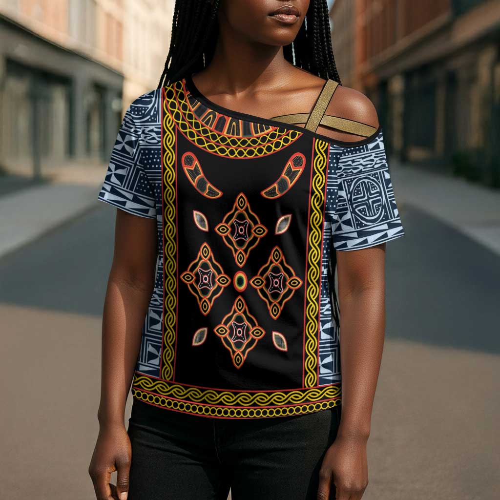Cameroon Bamileke Toghu Pattern Cross Shoulder Shirt Bamenda Royal Cultural Design