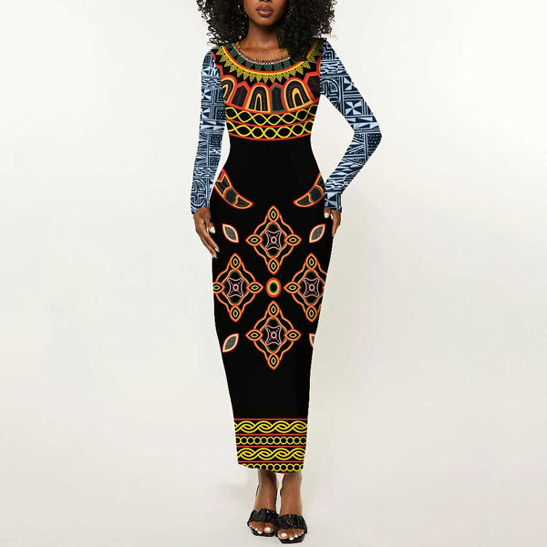Cameroon Bamileke Toghu Pattern Long Sleeve Bodycon Dress Bamenda Royal Cultural Design