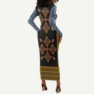 Cameroon Bamileke Toghu Pattern Long Sleeve Bodycon Dress Bamenda Royal Cultural Design