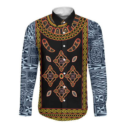 Cameroon Bamileke Toghu Pattern Long Sleeve Button Shirt Bamenda Royal Cultural Design