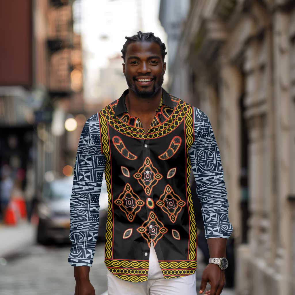 Cameroon Bamileke Toghu Pattern Long Sleeve Button Shirt Bamenda Royal Cultural Design