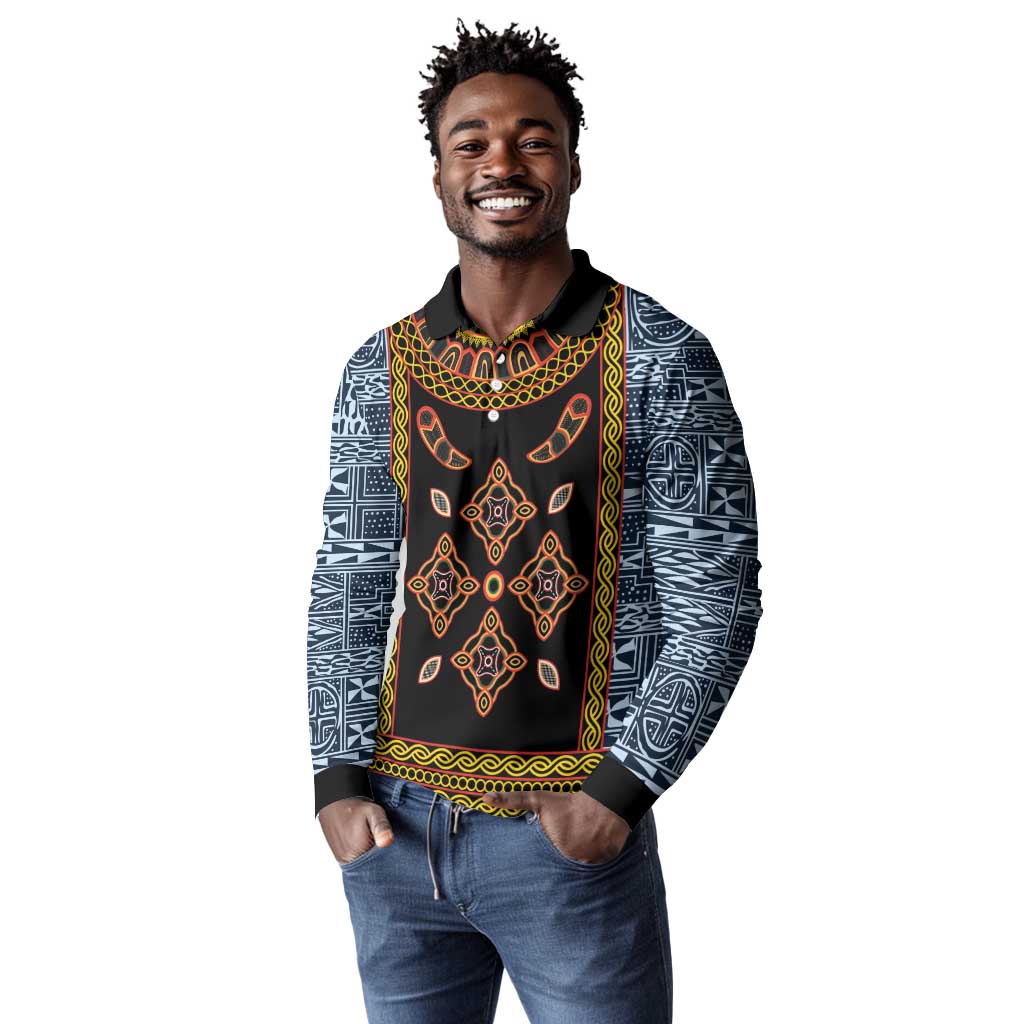 Cameroon Bamileke Toghu Pattern Long Sleeve Polo Shirt Bamenda Royal Cultural Design