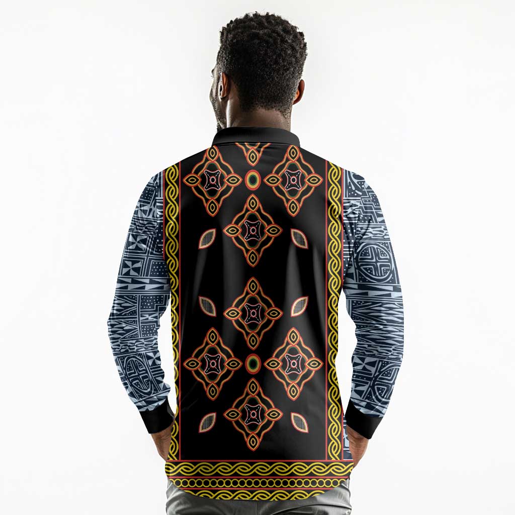 Cameroon Bamileke Toghu Pattern Long Sleeve Polo Shirt Bamenda Royal Cultural Design