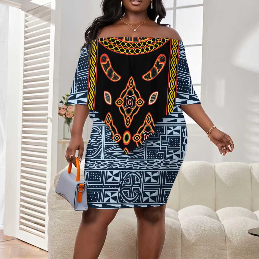 Cameroon Bamileke Toghu Pattern Off Shoulder Short Dress Bamenda Royal Cultural Design