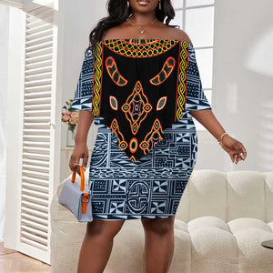Cameroon Bamileke Toghu Pattern Off Shoulder Short Dress Bamenda Royal Cultural Design