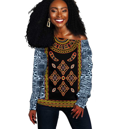 Cameroon Bamileke Toghu Pattern Off Shoulder Sweater Bamenda Royal Cultural Design