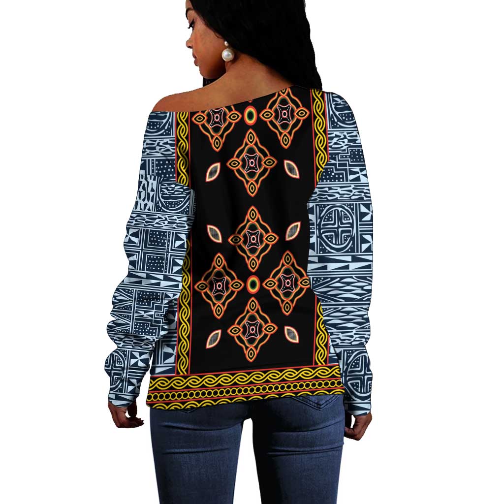 Cameroon Bamileke Toghu Pattern Off Shoulder Sweater Bamenda Royal Cultural Design