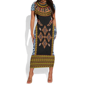Cameroon Bamileke Toghu Pattern Short Sleeve Bodycon Dress Bamenda Royal Cultural Design