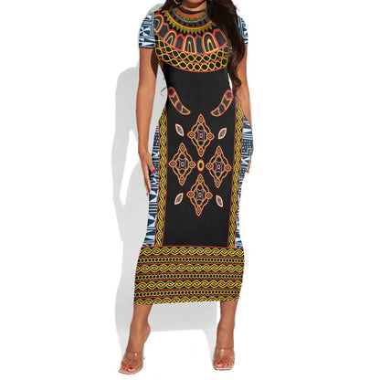 Cameroon Bamileke Toghu Pattern Short Sleeve Bodycon Dress Bamenda Royal Cultural Design