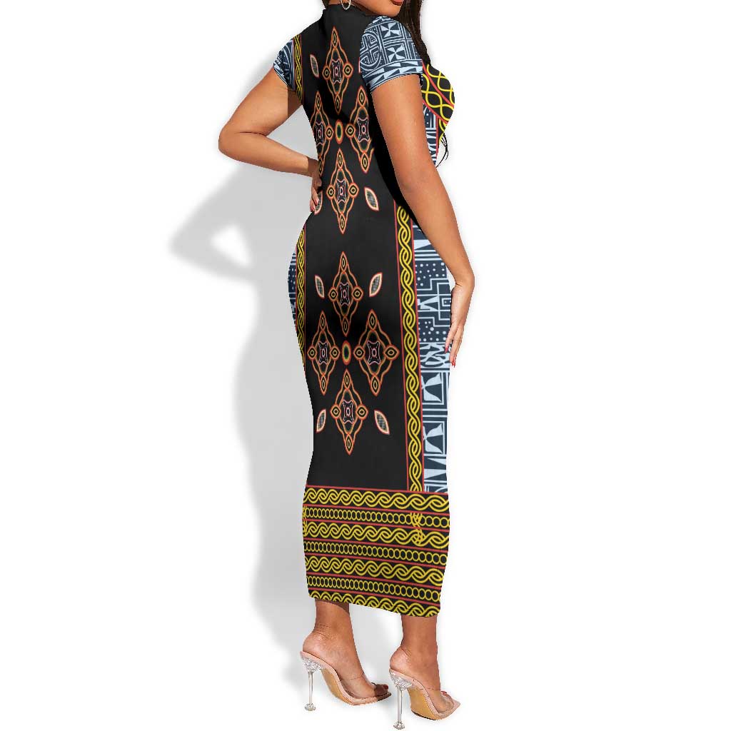 Cameroon Bamileke Toghu Pattern Short Sleeve Bodycon Dress Bamenda Royal Cultural Design