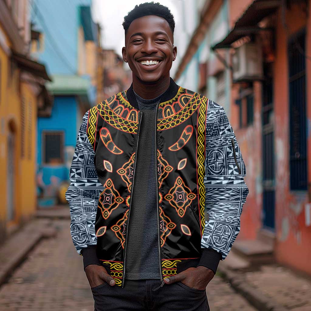 Cameroon Bamileke Toghu Pattern Sleeve Zip Bomber Jacket Bamenda Royal Cultural Design