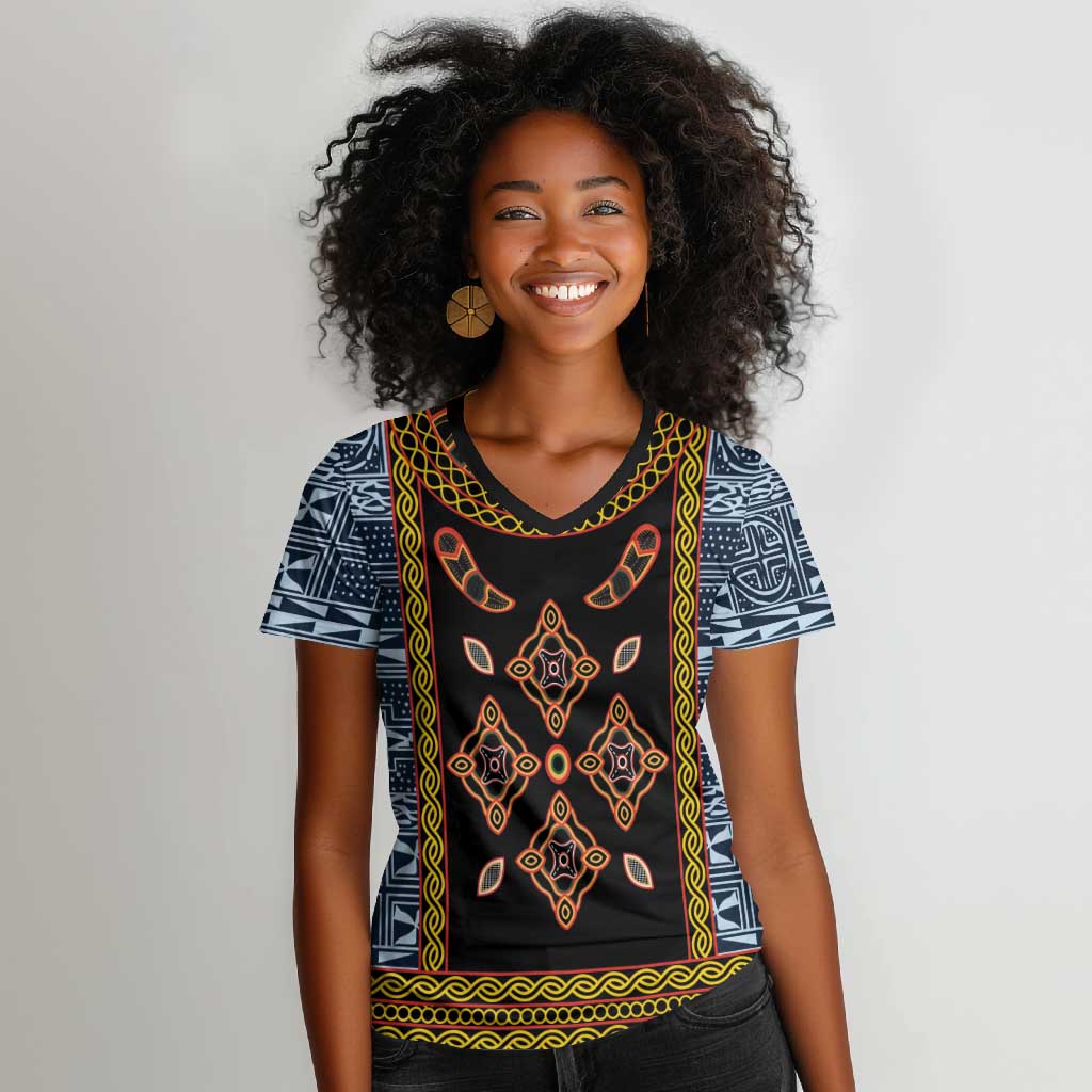 Cameroon Bamileke Toghu Pattern Women V-Neck T-Shirt Bamenda Royal Cultural Design