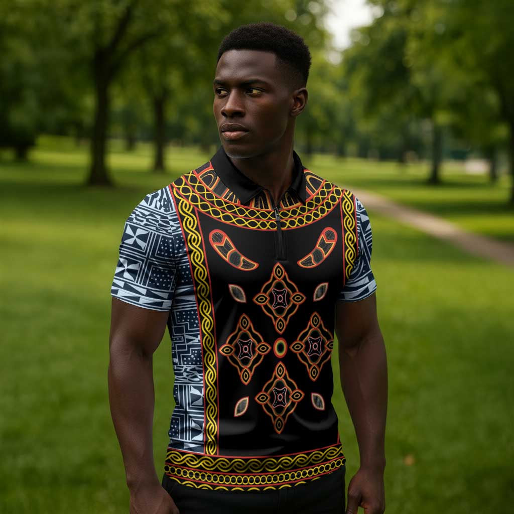 Cameroon Bamileke Toghu Pattern Zipper Polo Shirt Bamenda Royal Cultural Design