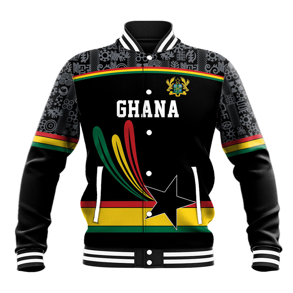 Custom World Football 2026 Ghana Baseball Jacket Black Star Adinkra Heritage Black Version