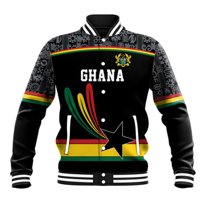 Custom World Football 2026 Ghana Baseball Jacket Black Star Adinkra Heritage Black Version