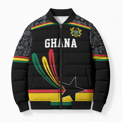 Custom World Football 2026 Ghana Bomber Puffer Jacket Black Star Adinkra Heritage Black Version