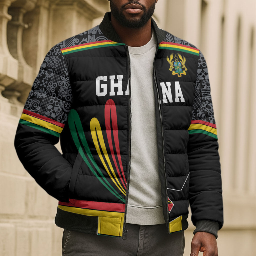 Custom World Football 2026 Ghana Bomber Puffer Jacket Black Star Adinkra Heritage Black Version