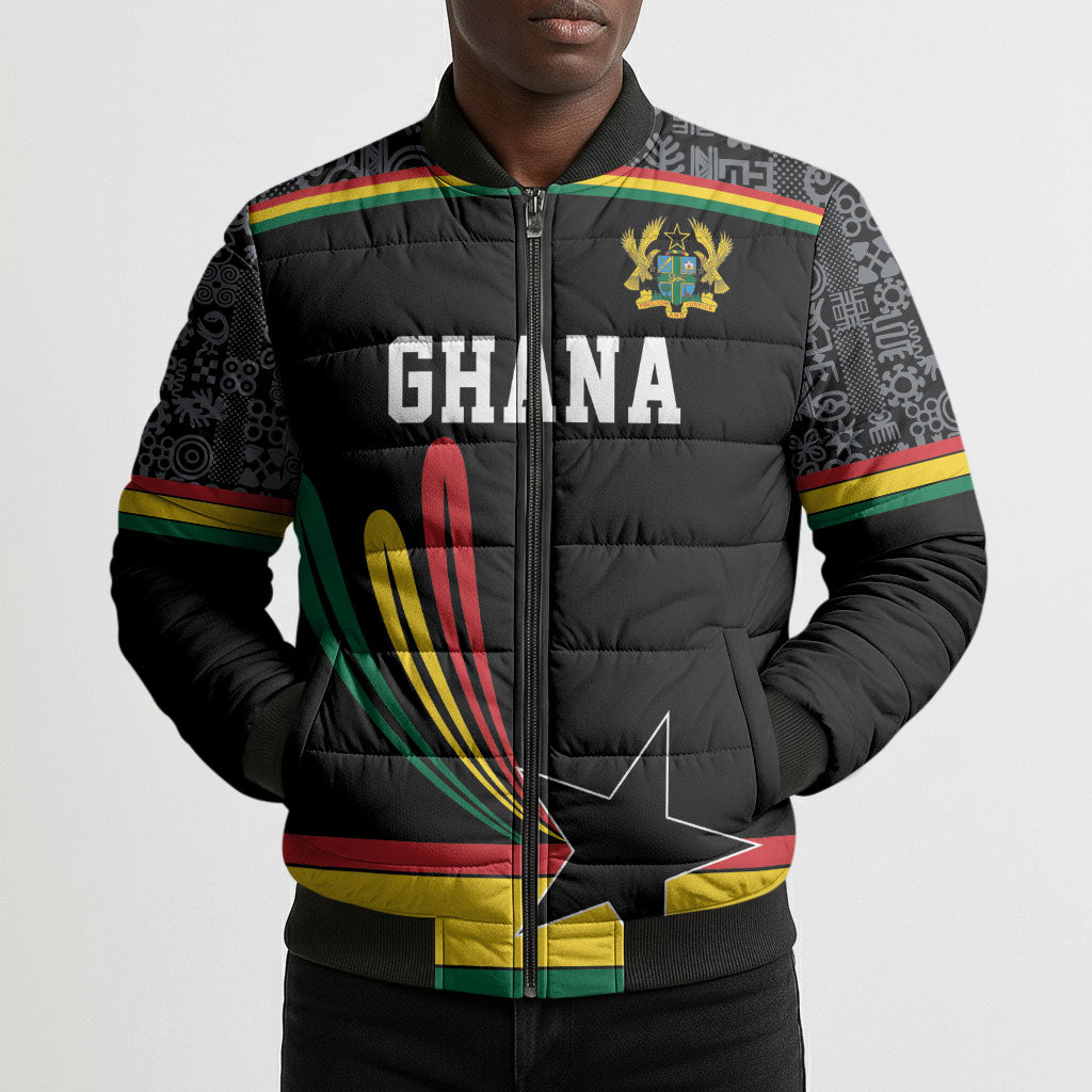 Custom World Football 2026 Ghana Bomber Puffer Jacket Black Star Adinkra Heritage Black Version