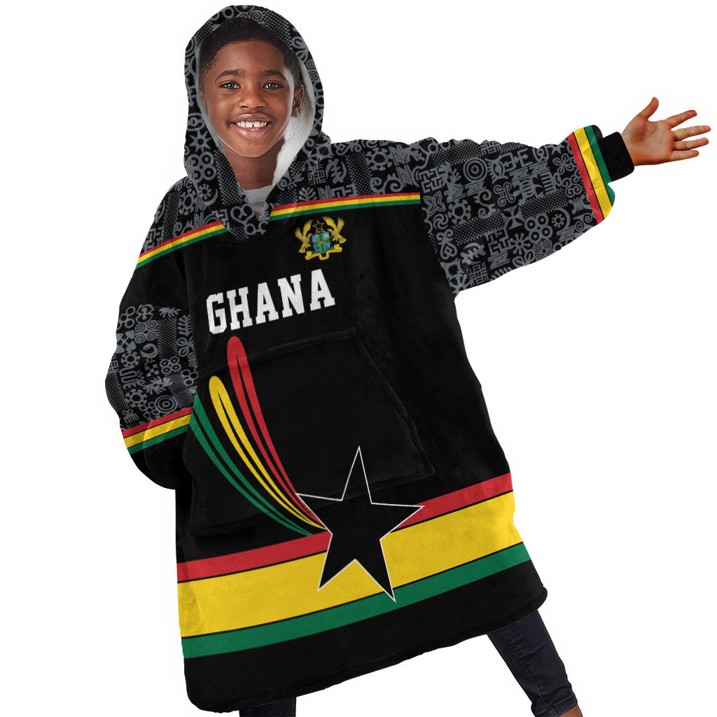 Custom World Football 2026 Ghana Kid Wearable Blanket Hoodie Black Star Adinkra Heritage Black Version