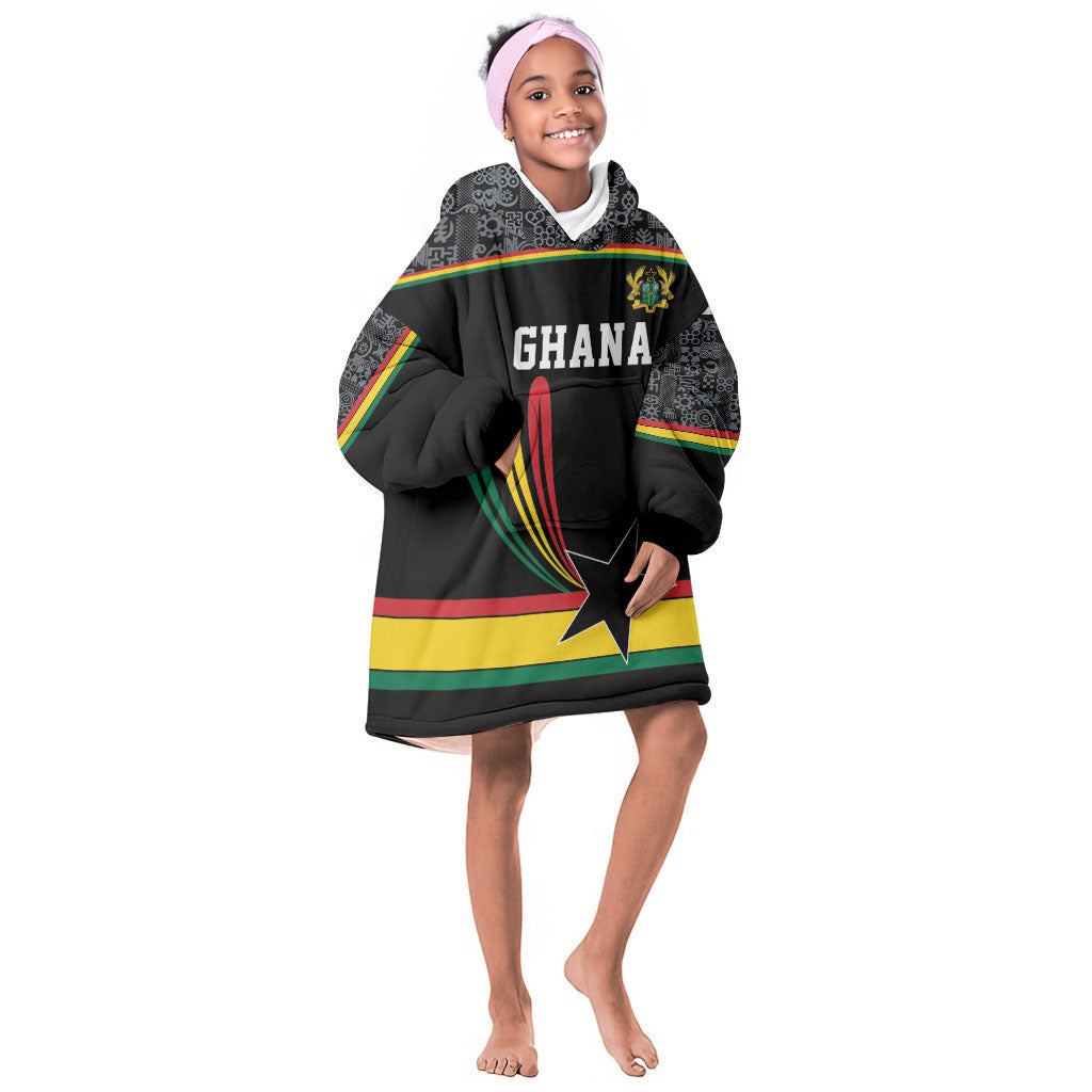 Custom World Football 2026 Ghana Kid Wearable Blanket Hoodie Black Star Adinkra Heritage Black Version