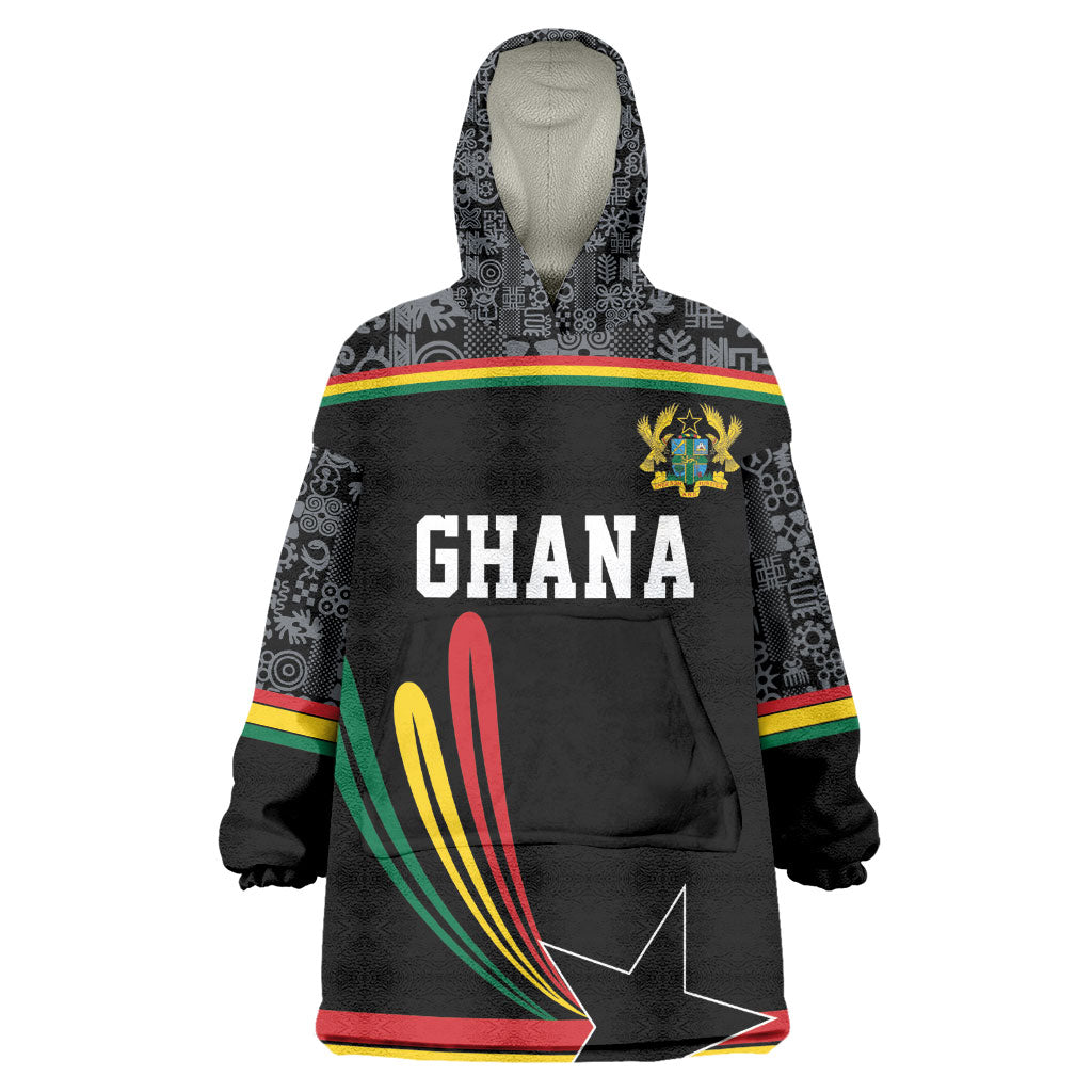 Custom World Football 2026 Ghana Kid Wearable Blanket Hoodie Black Star Adinkra Heritage Black Version
