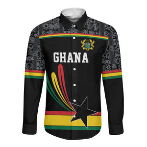 Custom World Football 2026 Ghana Long Sleeve Button Shirt Black Star Adinkra Heritage Black Version