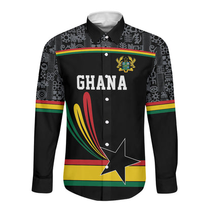 Custom World Football 2026 Ghana Long Sleeve Button Shirt Black Star Adinkra Heritage Black Version