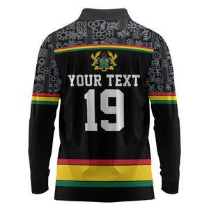 Custom World Football 2026 Ghana Long Sleeve Polo Shirt Black Star Adinkra Heritage Black Version
