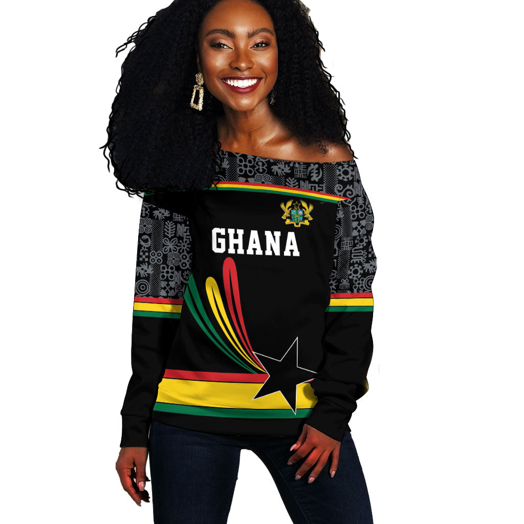 Custom World Football 2026 Ghana Off Shoulder Sweater Black Star Adinkra Heritage Black Version