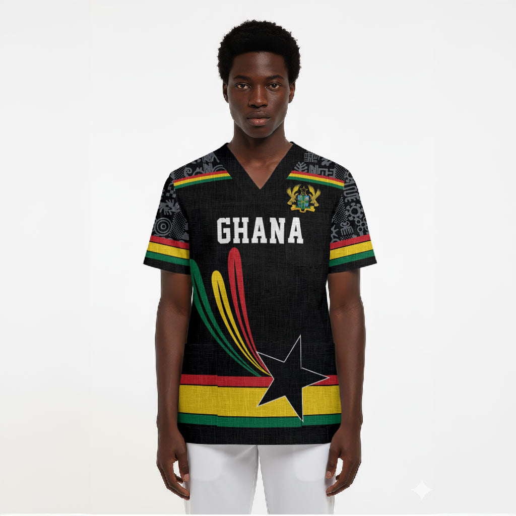 Custom World Football 2026 Ghana Scrub Top Black Star Adinkra Heritage Black Version
