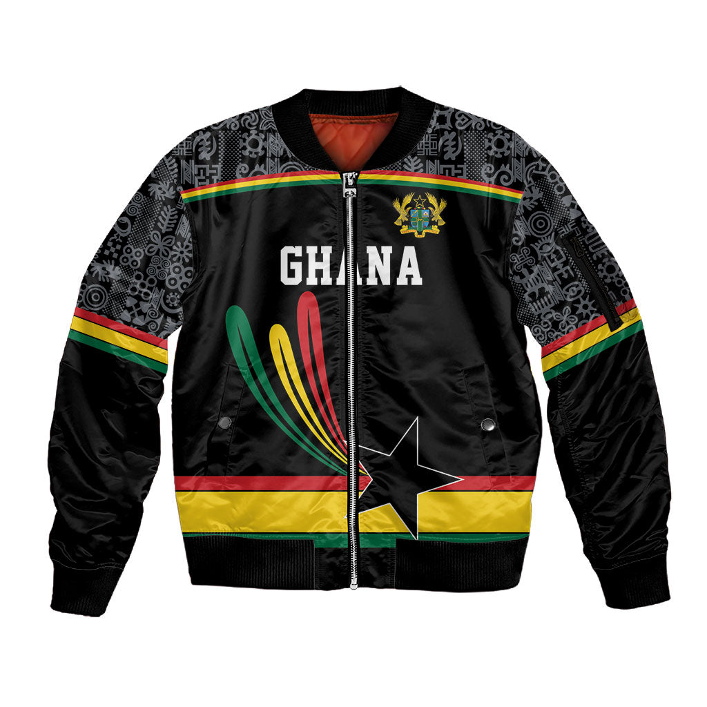 Custom World Football 2026 Ghana Sleeve Zip Bomber Jacket Black Star Adinkra Heritage Black Version