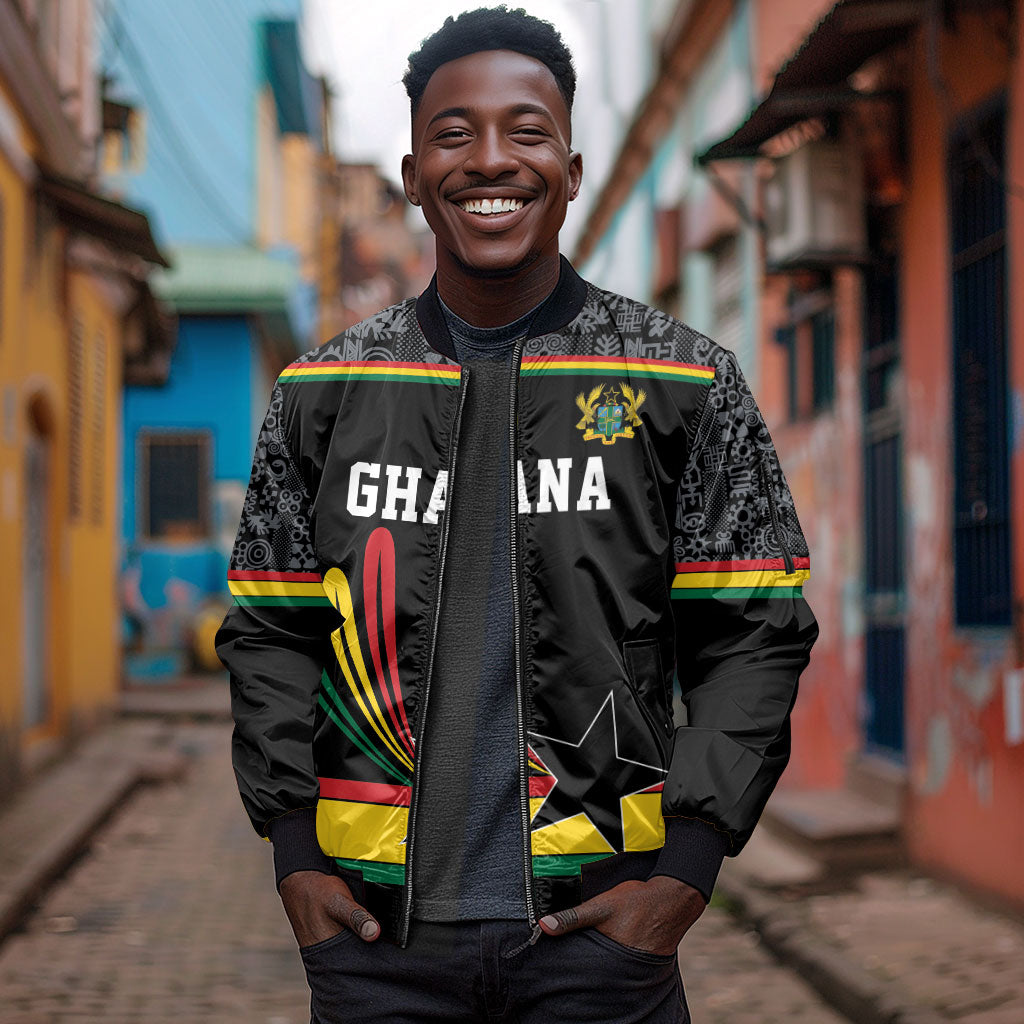 Custom World Football 2026 Ghana Sleeve Zip Bomber Jacket Black Star Adinkra Heritage Black Version