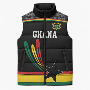 Custom World Football 2026 Ghana Sleeveless Puffer Jacket Black Star Adinkra Heritage Black Version