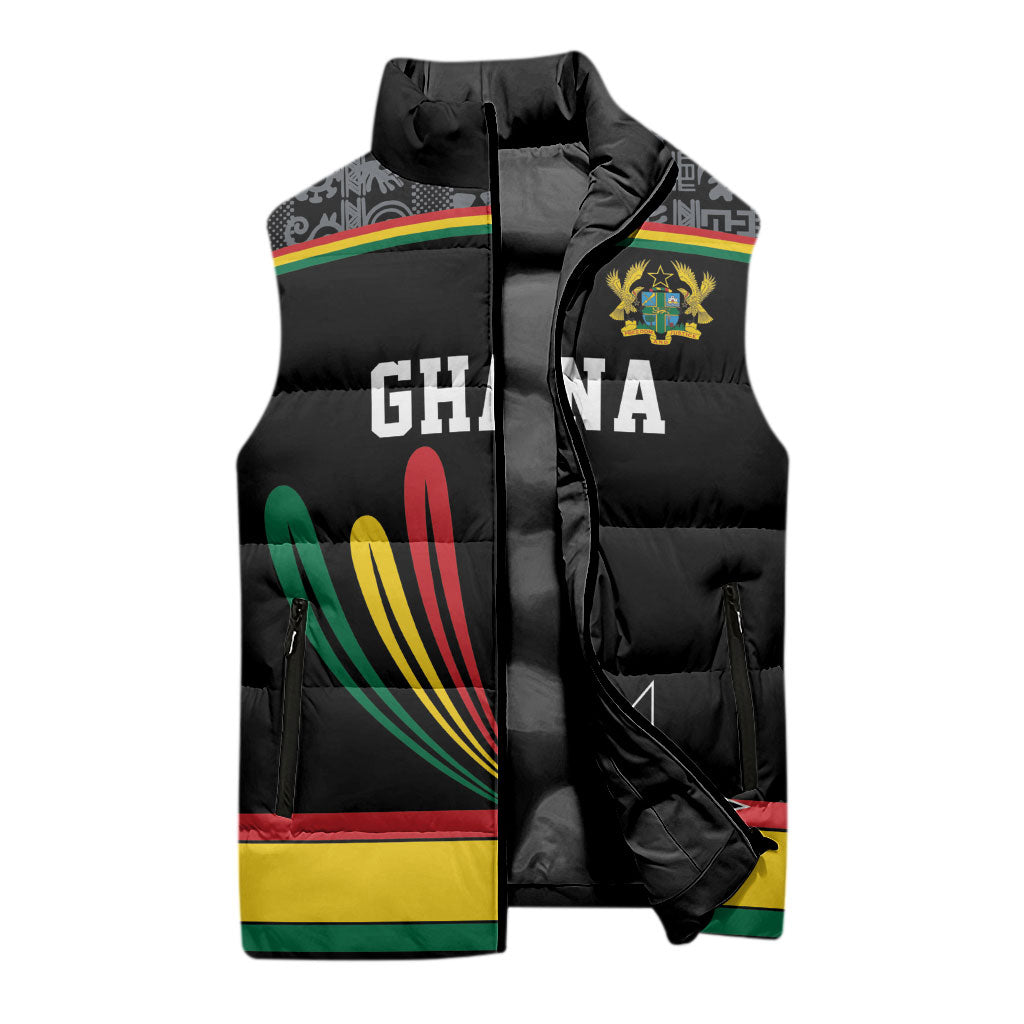 Custom World Football 2026 Ghana Sleeveless Puffer Jacket Black Star Adinkra Heritage Black Version