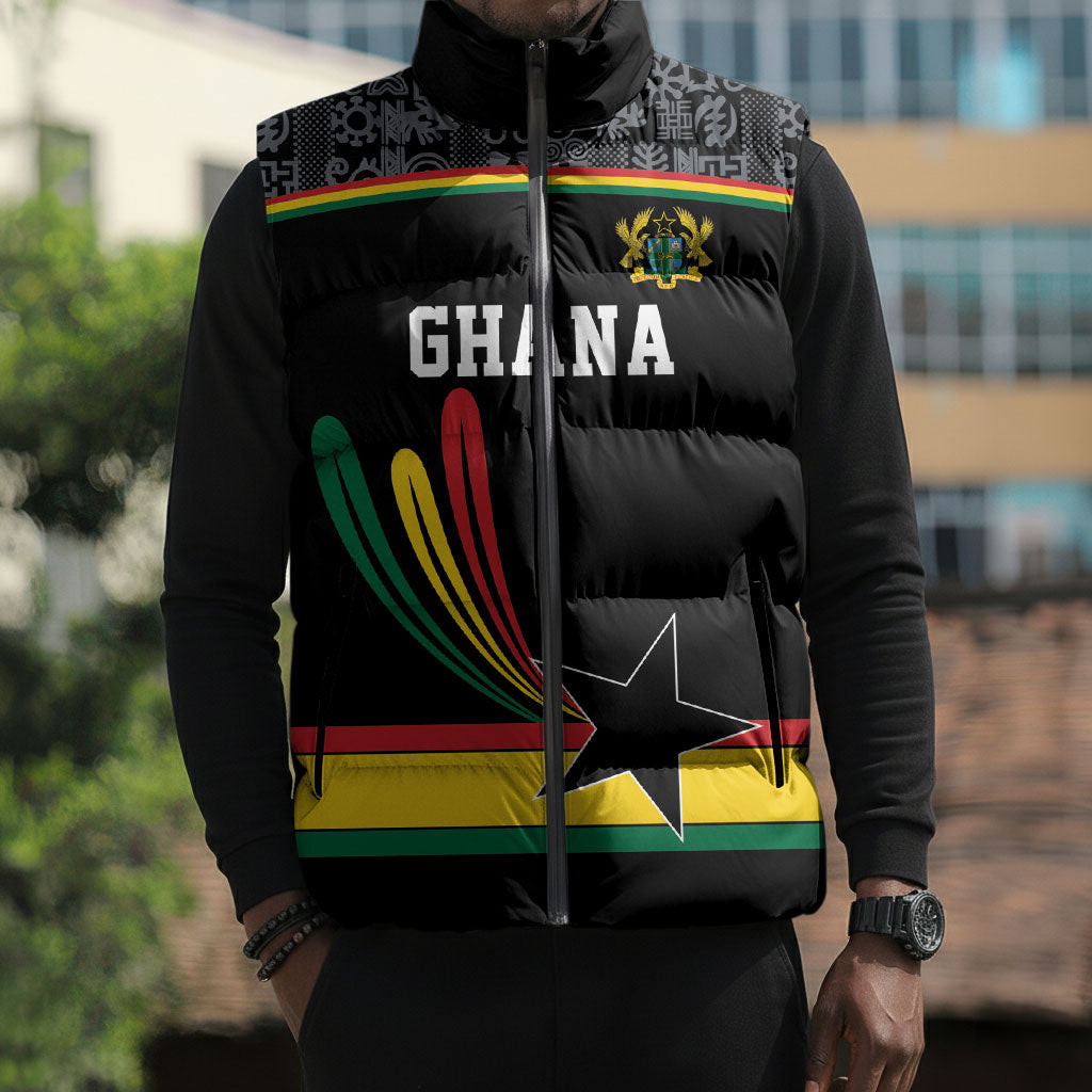 Custom World Football 2026 Ghana Sleeveless Puffer Jacket Black Star Adinkra Heritage Black Version