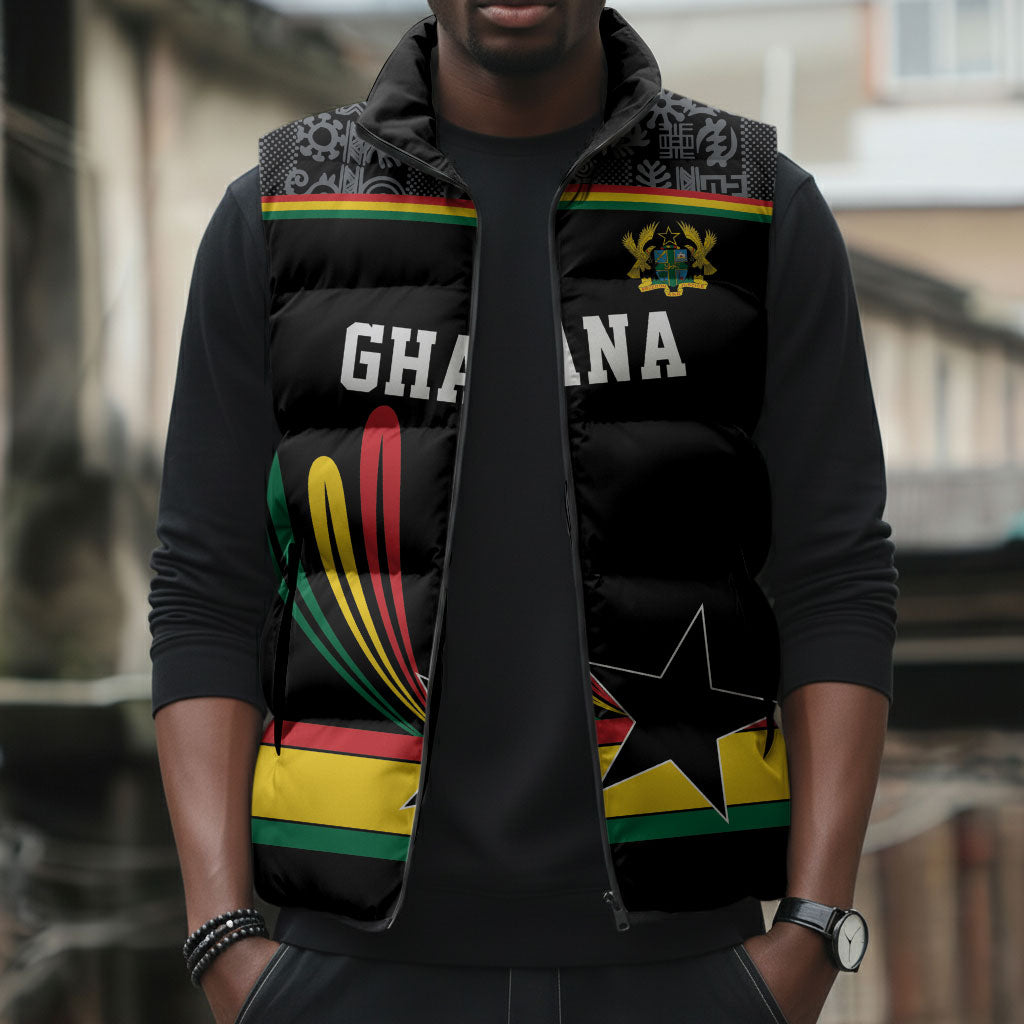 Custom World Football 2026 Ghana Sleeveless Puffer Jacket Black Star Adinkra Heritage Black Version