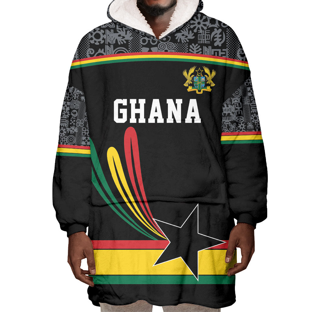 Custom World Football 2026 Ghana Wearable Blanket Hoodie Black Star Adinkra Heritage Black Version